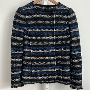 REBECCA TAYLOR variegated tweed jacket fray hem black blue white 6